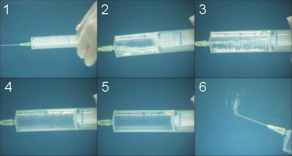 Water degassing using a syringe